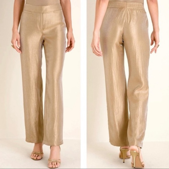New! Chico’s Travelers Welt Pocket Pant Gold Shimmer Relaxed Straight Leg 2.5R - Picture 1 of 12